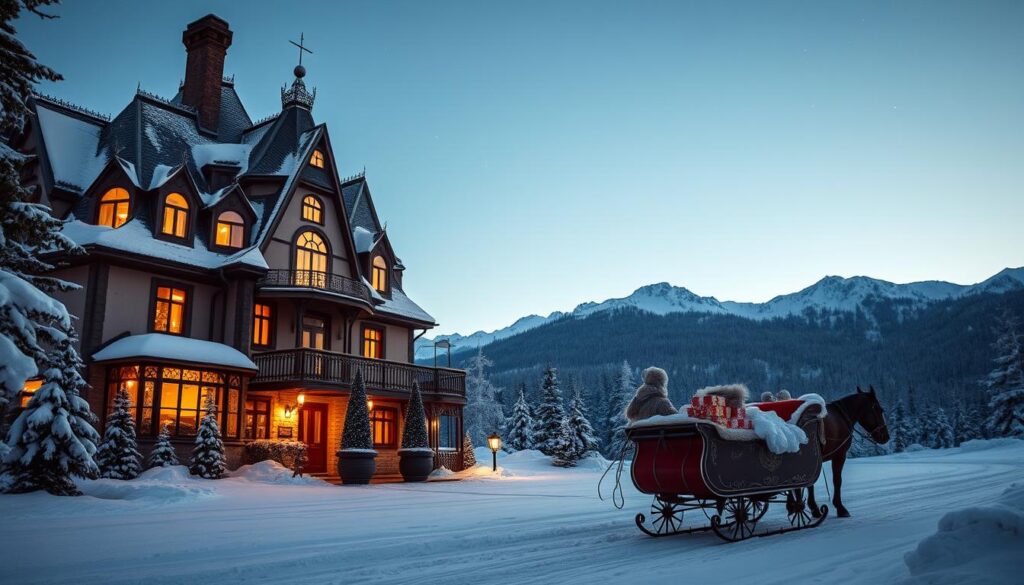 A picturesque winter scene in the Srebrna Gora mountains, where the Polish office of Santa Claus stands tall. The stately manor, adorned with intricate silver details, is nestled amidst a snowy landscape, its turrets and chimneys reaching towards the sky. Warm golden light emanates from the windows, inviting visitors to step inside and experience the magic of the holiday season. In the foreground, a horse-drawn sleigh laden with gifts waits to depart, while in the distance, snow-capped peaks and a clear, starry sky create a serene and enchanting atmosphere. Crisp, cool lighting and a sense of wonder pervade the scene, capturing the essence of the Polish Santa's abode. A picturesque winter scene in the Srebrna Gora mountains, where the Polish office of Santa Claus stands tall. The stately manor, adorned with intricate silver details, is nestled amidst a snowy landscape, its turrets and chimneys reaching towards the sky. Warm golden light emanates from the windows, inviting visitors to step inside and experience the magic of the holiday season. In the foreground, a horse-drawn sleigh laden with gifts waits to depart, while in the distance, snow-capped peaks and a clear, starry sky create a serene and enchanting atmosphere. Crisp, cool lighting and a sense of wonder pervade the scene, capturing the essence of the Polish Santa's abode.