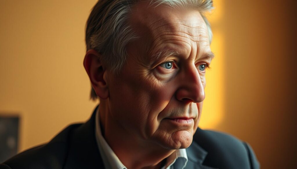 A portrait of Tomasz Terlikowski, a renowned Polish publicist and author, set against a warm, softly lit background. Terlikowski's face is the focal point, his expression thoughtful and introspective. The lighting casts gentle shadows, highlighting the contours of his face and giving the image a contemplative, almost meditative mood. The background is slightly blurred, creating a sense of depth and placing the emphasis on Terlikowski's presence. The overall composition is balanced and harmonious, inviting the viewer to engage with the subject's persona and explore the nuances of his life and work.