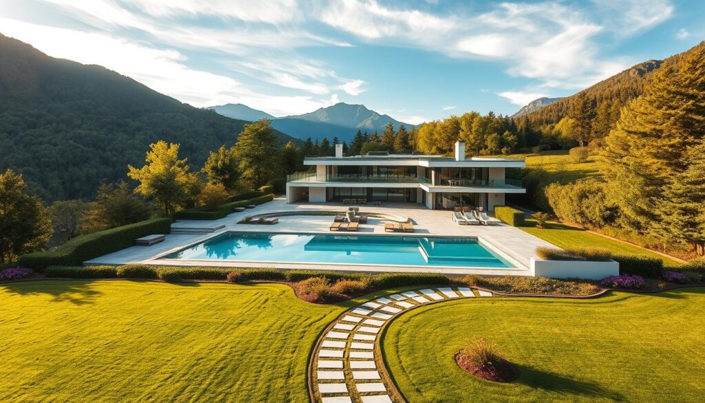 A serene and luxurious residential estate nestled in lush, verdant surroundings. A sprawling villa with a contemporary architectural design, featuring clean lines, large windows, and a sleek, minimalist aesthetic. The villa is set against a backdrop of towering mountains, their peaks gently kissed by wispy clouds. A pristine swimming pool reflects the azure sky, inviting relaxation and leisure. The grounds are meticulously landscaped, with perfectly manicured lawns, elegant flowering plants, and a winding path leading to the villa's entrance. Warm, golden sunlight bathes the scene, creating a sense of tranquility and exclusivity. This is the private sanctuary where Aryna Sabalenka, the rising star of women's tennis, resides, surrounded by the natural beauty that inspires her to excel on the court. A serene and luxurious residential estate nestled in lush, verdant surroundings. A sprawling villa with a contemporary architectural design, featuring clean lines, large windows, and a sleek, minimalist aesthetic. The villa is set against a backdrop of towering mountains, their peaks gently kissed by wispy clouds. A pristine swimming pool reflects the azure sky, inviting relaxation and leisure. The grounds are meticulously landscaped, with perfectly manicured lawns, elegant flowering plants, and a winding path leading to the villa's entrance. Warm, golden sunlight bathes the scene, creating a sense of tranquility and exclusivity. This is the private sanctuary where Aryna Sabalenka, the rising star of women's tennis, resides, surrounded by the natural beauty that inspires her to excel on the court.