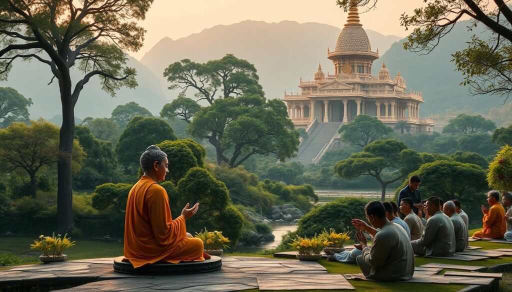 A serene and tranquil scene depicting the charitable works of Buddha. In the foreground, the Buddha sits cross-legged, his hands in a gesture of compassion, as he distributes alms to a group of the less fortunate. The middle ground is filled with a lush, verdant landscape, with towering trees and a gently flowing stream. In the background, a grand Buddhist temple stands, its ornate architecture bathed in soft, warm lighting. The overall atmosphere is one of peace, generosity, and spiritual enlightenment, capturing the essence of the Buddha's charitable activities.