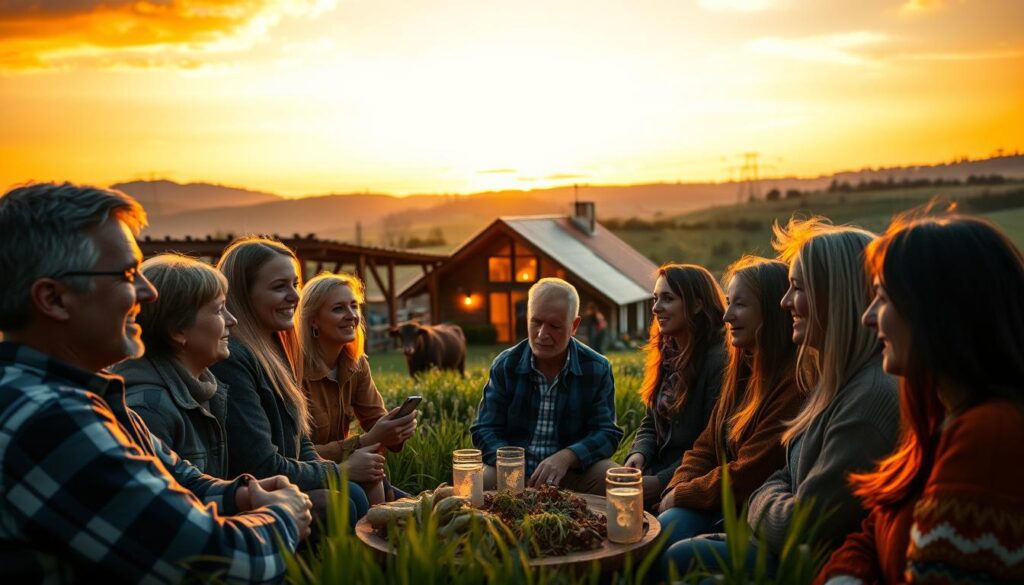 A serene, pastoral scene set against a golden hour sky, capturing the emotional rollercoaster of the "Rolnik Szuka Żony" reality show. In the foreground, a group of farmers and prospective partners engage in lively discussions, their faces alight with a range of emotive expressions - from joy and excitement to contemplation and unease. The middle ground features a cozy farmhouse, its warm, inviting lights casting a soft glow over the proceedings. In the background, rolling hills and lush greenery create a sense of tranquility, underscoring the intimate, human-centered nature of the interactions. The overall atmosphere is one of authenticity, vulnerability, and the search for meaningful connection.