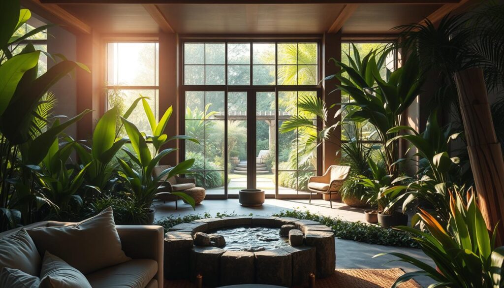 A serene, private oasis filled with lush greenery and natural light. In the foreground, a cozy lounge area with plush seating and a calming water feature. The middle ground reveals a harmonious blend of modern and rustic elements, hinting at the owner's creative sensibilities. Towering windows in the background frame a picturesque garden, granting a sense of tranquility and seclusion. Soft, diffused lighting casts a warm, inviting glow, evoking a sanctuary of privacy and personal expression. An intimate, thoughtfully curated space that reflects the uniqueness and creativity of its occupant.