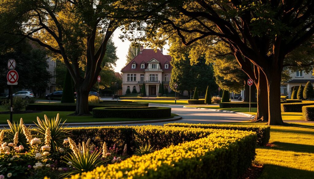 A serene residential neighborhood in Konstancin-Jeziornie, with well-maintained streets, lush greenery, and stately homes. The scene is bathed in warm, golden afternoon light, creating a sense of tranquility and safety. In the foreground, a well-manicured garden with neatly trimmed hedges and blooming flowers. In the middle ground, a picturesque villa with a tiled roof and elegant architectural details. In the background, a row of mature trees lining the streets, casting gentle shadows on the scene. The atmosphere conveys a feeling of secure, high-end living, befitting the reputation of this affluent Polish town.