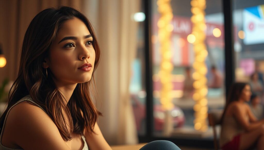 A serene, softly lit scene depicting the impact of a reality TV program on the lives of its participants. In the foreground, a young woman sits reflectively, her expression pensive yet hopeful. The middle ground reveals a bustling backdrop, hinting at the transformative journey she has undertaken, with glimpses of new opportunities and personal growth. The background is bathed in warm, diffused light, creating an atmosphere of introspection and change. The overall composition conveys a sense of the participant's evolving self-awareness and the lasting influence of the program on her life.