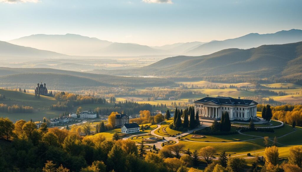A sprawling estate nestled in the lush, rolling hills of the Russian countryside, the presidential residences of Vladimir Putin come into view. In the foreground, a majestic manor house stands tall, its classical architecture and ornate details exuding a sense of power and grandeur. The middle ground reveals a network of smaller buildings, each with its own unique design and purpose, surrounded by well-manicured gardens and winding paths. In the distance, a panoramic vista of the region unfolds, with towering mountains and dense forests creating a serene and secluded atmosphere. The lighting is soft and warm, casting a golden glow over the entire scene and adding to the aura of tranquility and exclusivity. The overall impression is one of wealth, luxury, and the unchallenged control of the Russian president over his private domain.