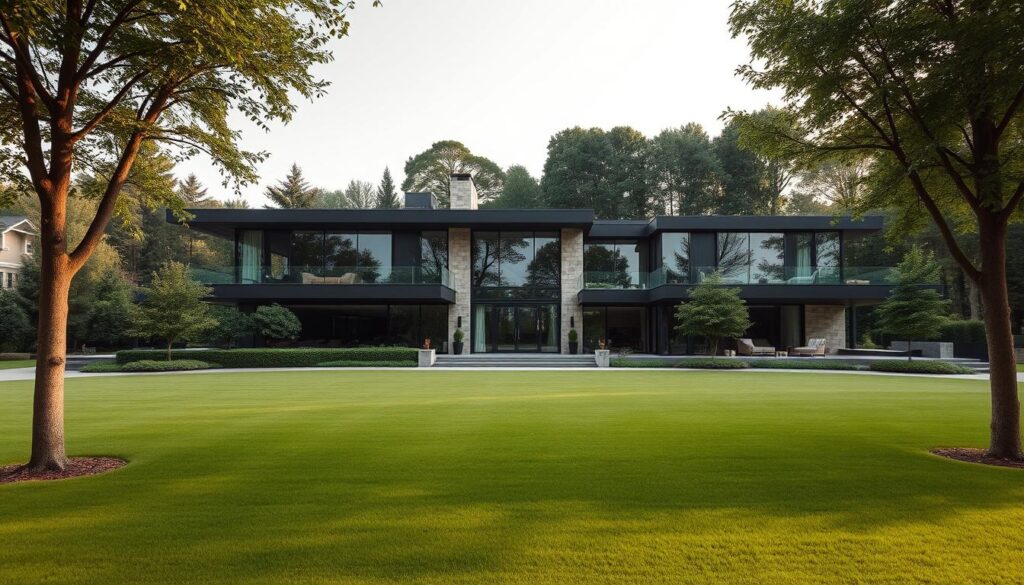 A sprawling modern villa nestled in a serene, tree-lined neighborhood, with a manicured lawn and a sleek, minimalist architectural design. The facade features large windows, clean lines, and a mix of stone and glass materials. The front entrance is framed by lush greenery, creating a sense of privacy and exclusivity. The interior is likely filled with high-end furnishings and amenities, reflecting the owner's affluent lifestyle. The image should convey a sense of affluence, sophistication, and a subtle hint of controversy, as this is the residence of the enigmatic and polarizing Polish entrepreneur, Janusz Palikot.