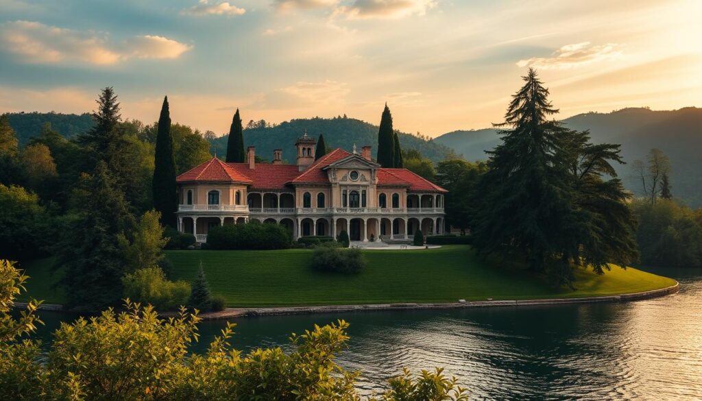 A sprawling, picturesque villa nestled in lush, verdant surroundings. The stately building is adorned with intricate architectural details, its terracotta roof tiles and warm, earthy hues casting a golden glow under the soft, diffused lighting of a sunset. The villa is situated on a gently sloping hill, overlooking a tranquil, shimmering lake, its serene waters reflecting the vibrant colors of the sky. Tall, stately trees line the property, their swaying branches casting dynamic shadows across the scene. The overall atmosphere exudes a sense of refined elegance and peaceful seclusion, perfectly capturing the private, luxurious lifestyle of Wojciech Cejrowski.