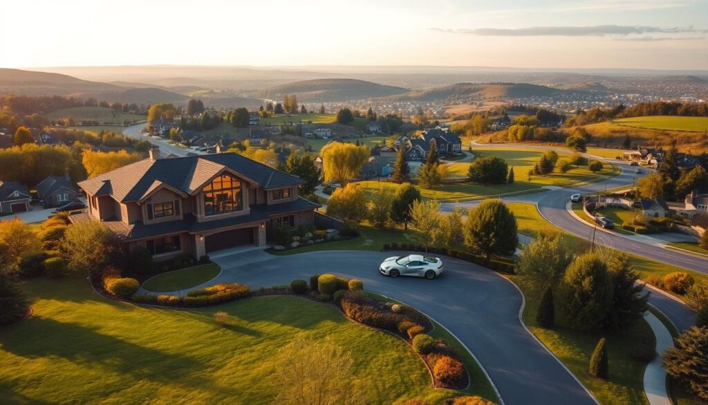 A sprawling suburban landscape, with lush greenery and winding roads. In the foreground, a large, modern mansion nestled amidst neatly manicured lawns and flourishing gardens. Tall windows reflect the warm, golden rays of the afternoon sun, casting a cozy, inviting glow. In the middle ground, a sleek, silver sports car sits in the driveway, hinting at the affluent lifestyle of the resident. The background features rolling hills and a distant cityscape, creating a sense of peaceful seclusion. The overall scene exudes an air of prosperity, comfort, and a touch of celebrity - the perfect home for the renowned YouTuber, MrBeast, in the idyllic town of Greenville. A sprawling suburban landscape, with lush greenery and winding roads. In the foreground, a large, modern mansion nestled amidst neatly manicured lawns and flourishing gardens. Tall windows reflect the warm, golden rays of the afternoon sun, casting a cozy, inviting glow. In the middle ground, a sleek, silver sports car sits in the driveway, hinting at the affluent lifestyle of the resident. The background features rolling hills and a distant cityscape, creating a sense of peaceful seclusion. The overall scene exudes an air of prosperity, comfort, and a touch of celebrity - the perfect home for the renowned YouTuber, MrBeast, in the idyllic town of Greenville.