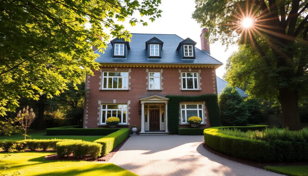 A stately two-story house with a classic European architectural style, nestled in a lush, verdant garden. The facade features elegant brick detailing, ornate window frames, and a prominent roofline with dormer windows. Sunlight filters through the trees, casting a warm, golden glow over the well-manicured lawn and meticulously trimmed hedges. The driveway leads to a charming, quaint entryway, hinting at the cozy and comfortable interior. This home exudes an air of sophistication and tranquility, reflecting the prominent status and refined lifestyle of its owner, Michał Kołodziejczak, the leader of the Agrounia movement.