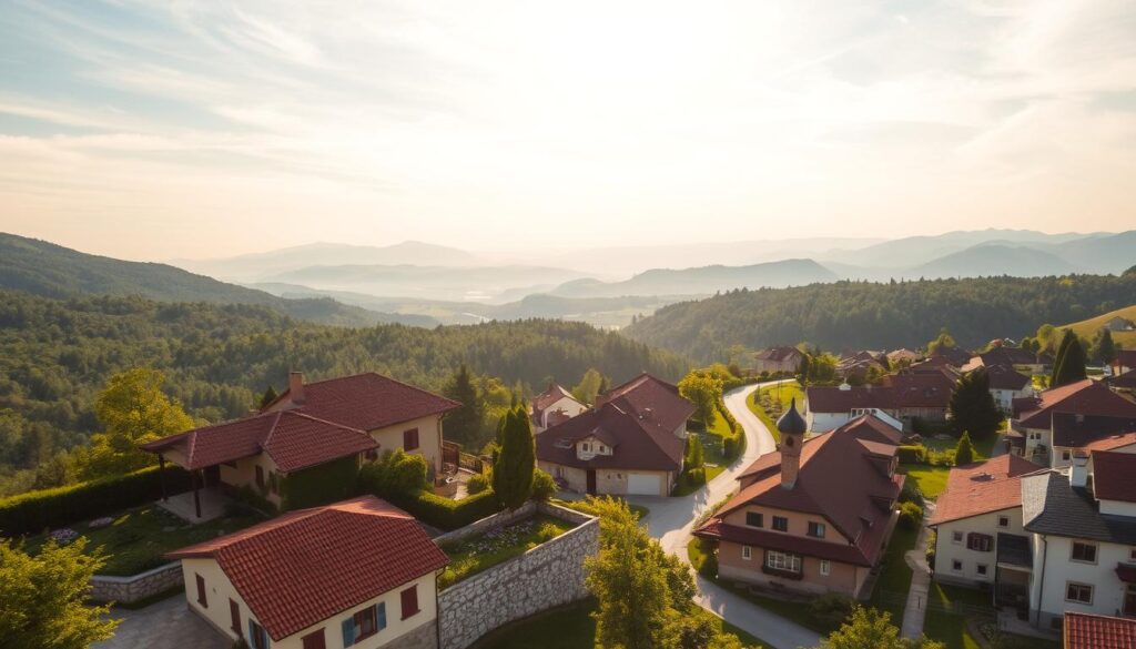 A stunning aerial view of a cozy, picturesque neighborhood nestled in rolling hills. The foreground showcases a charming two-story villa with a red tile roof, surrounded by a lush garden and a stone wall. The middle ground features winding streets lined with quaint houses, their facades adorned with colorful shutters and flower boxes. In the background, verdant forests and distant mountain peaks create a serene, idyllic landscape bathed in warm, golden sunlight filtering through wispy clouds. The scene exudes an atmosphere of tranquility and pastoral elegance, inviting the viewer to imagine the life and community within this captivating "Doda lokalizacja". A stunning aerial view of a cozy, picturesque neighborhood nestled in rolling hills. The foreground showcases a charming two-story villa with a red tile roof, surrounded by a lush garden and a stone wall. The middle ground features winding streets lined with quaint houses, their facades adorned with colorful shutters and flower boxes. In the background, verdant forests and distant mountain peaks create a serene, idyllic landscape bathed in warm, golden sunlight filtering through wispy clouds. The scene exudes an atmosphere of tranquility and pastoral elegance, inviting the viewer to imagine the life and community within this captivating "Doda lokalizacja".