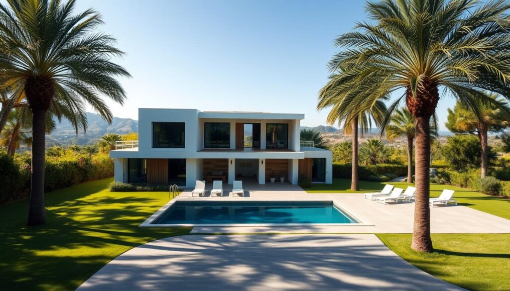 A two-story modern house with clean lines and large windows, situated in a lush, well-manicured garden. The exterior is a combination of white walls and natural wood accents, creating a warm and inviting atmosphere. The front entrance is flanked by tall palm trees, casting soft shadows on the paved driveway. The middle ground features a swimming pool surrounded by sun loungers, while the background showcases a picturesque landscape of rolling hills and a clear blue sky. The lighting is soft and natural, capturing the tranquility of the scene. The overall composition conveys a sense of elegance and privacy, reflecting the lifestyle of a successful professional tennis player.