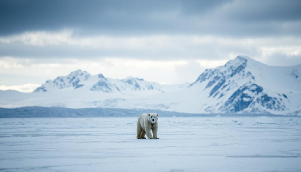 A vast, snow-covered landscape with towering mountains in the background. In the foreground, a lone polar bear stands on a melting ice floe, its gaze contemplative and weary. The bear's habitat, once a stable and thriving environment, now shows the devastating effects of climate change. The sky is a moody, overcast mix of grays and blues, casting a somber, atmospheric light across the scene. The bear's form is illuminated by natural lighting, capturing its majestic presence amidst the changing surroundings. The composition invites the viewer to reflect on the delicate balance of nature and the urgent need to address the pressing issue of climate change and its impact on the bear's fragile habitat.