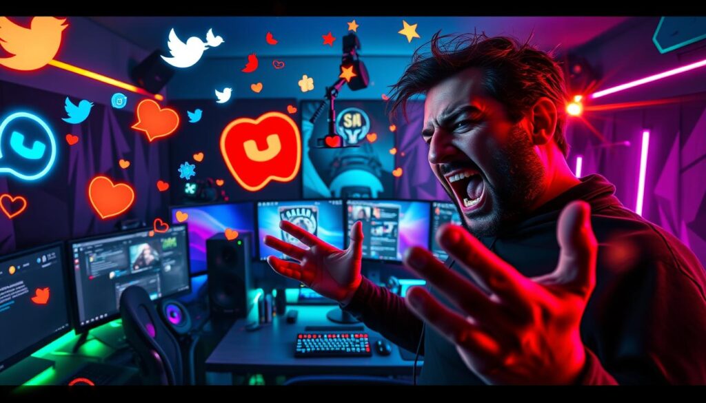 A vibrant, cinematic scene showcasing the typical content created by the controversial streamer, Daniel Magical. In the foreground, a larger-than-life figure gesticulates dramatically, his face distorted by an intense expression, as if engaged in one of his signature rants. Floating around him are various digital overlays, including social media icons, emotes, and glowing neon effects, creating a surreal, hyperactive atmosphere. In the middle ground, a computer setup with multiple monitors displays a live stream, the chat window filled with a cacophony of messages. The background fades into a dimly lit studio space, filled with gaming peripherals, RGB lighting, and various other paraphernalia associated with modern online content creation. The overall mood is chaotic, high-energy, and unapologetically over-the-top, reflecting the larger-than-life persona of the streamer. A vibrant, cinematic scene showcasing the typical content created by the controversial streamer, Daniel Magical. In the foreground, a larger-than-life figure gesticulates dramatically, his face distorted by an intense expression, as if engaged in one of his signature rants. Floating around him are various digital overlays, including social media icons, emotes, and glowing neon effects, creating a surreal, hyperactive atmosphere. In the middle ground, a computer setup with multiple monitors displays a live stream, the chat window filled with a cacophony of messages. The background fades into a dimly lit studio space, filled with gaming peripherals, RGB lighting, and various other paraphernalia associated with modern online content creation. The overall mood is chaotic, high-energy, and unapologetically over-the-top, reflecting the larger-than-life persona of the streamer.