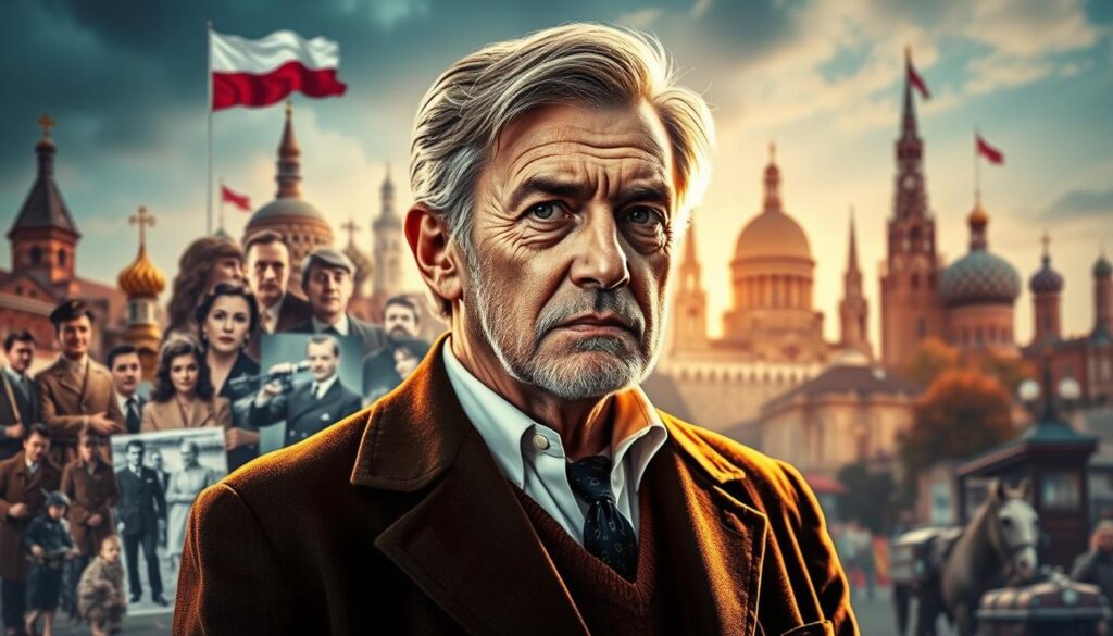 A vibrant portrait of Stanisław Tym, the acclaimed Polish actor and writer, set against a backdrop that captures his profound impact on Polish culture. In the foreground, Tym stands tall, his face exuding a stoic determination, his gaze conveying the depth of his artistic vision. The middle ground features a collage of iconic scenes from his celebrated stage and screen performances, each a testament to his mastery of the craft. In the background, a montage of cultural symbols and landmarks reflects the enduring legacy of Tym's work, which has become woven into the fabric of Polish society. The lighting is warm and inviting, casting a gentle glow that illuminates the subject's timeless charisma. The overall composition evokes a sense of reverence and admiration for Tym's lasting influence on Polish culture.