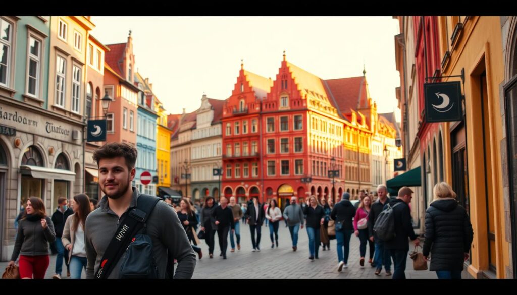 A vibrant street scene in the heart of Wrocław, Poland, where popular YouTuber NitroZyniak resides. The foreground features Nitro walking along the bustling sidewalk, dressed casually and carrying a camera bag, immersed in the energy of the city. In the middle ground, colorful historic buildings line the streets, with locals and tourists mingling. The background showcases the iconic architecture of the Old Town, bathed in warm, golden afternoon light. The mood is lively and dynamic, capturing the essence of Nitro's everyday life in this vibrant urban setting.