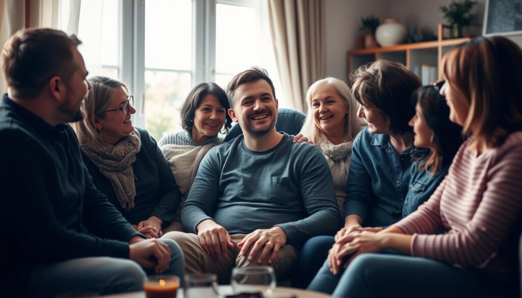 A warm, intimate living room setting with Marcin Różalski surrounded by his close family and friends. Soft, natural lighting filters through large windows, casting a cozy, inviting atmosphere. Marcin sits in the center, engaged in a lively conversation, his face animated with joy and a sense of deep connection. His loved ones gather close, their expressions mirroring his own - a tapestry of affectionate smiles, friendly gestures, and genuine, wholehearted interactions. The room is filled with a palpable sense of camaraderie, support, and the powerful bonds of personal relationships that sustain and enrich Marcin's life beyond the athletic arena.