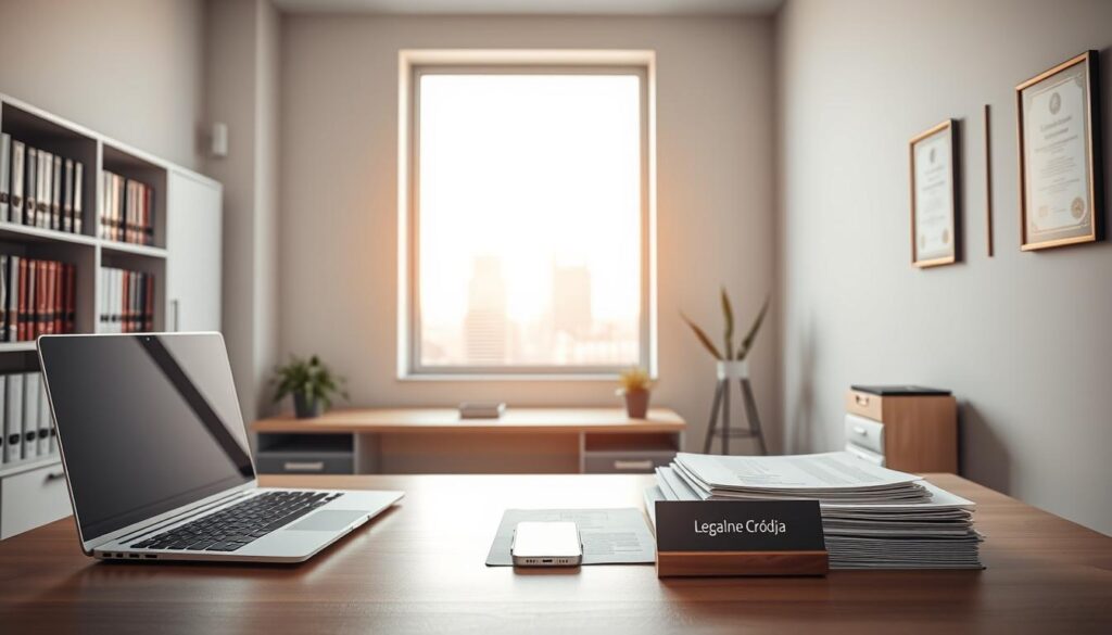 A well-lit, modern office interior with a minimalist, clean aesthetic. In the foreground, a neatly organized desk with a laptop, smartphone, and a stack of legal documents. On the desk, a nameplate or plaque that reads "Legalne Źródła" in a sleek, sans-serif font. The middle ground features a large window overlooking a cityscape, casting a warm, natural light into the space. In the background, a bookshelf filled with legal references and a few framed certificates or awards on the wall, conveying a sense of professionalism and expertise. The overall mood is one of authority, trustworthiness, and the responsible management of information.