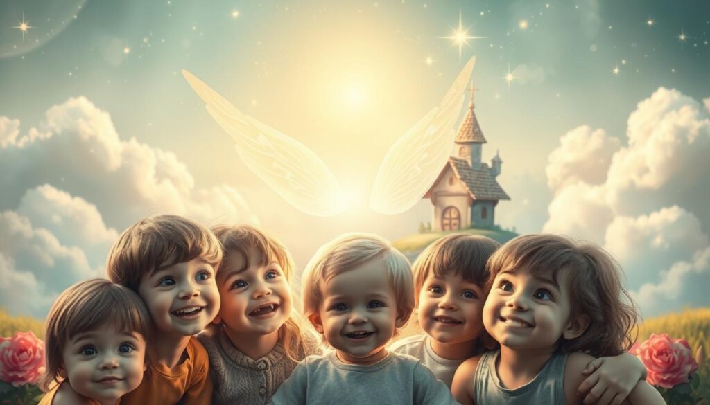 A whimsical scene of the Tooth Fairy gently guiding and nurturing young children's development. In the foreground, the Tooth Fairy, a delicate winged figure, is surrounded by a group of wide-eyed, smiling children. Her nurturing presence radiates a warm, soft light, illuminating the children's faces with a sense of wonder and trust. In the middle ground, the Tooth Fairy's enchanted abode is visible - a whimsical, ethereal dwelling nestled among fluffy clouds and twinkling stars. The background is a dreamlike landscape, blending fantastical elements with a serene, calming atmosphere. The overall scene conveys the Tooth Fairy's profound role in shaping children's growth, fostering their imagination and sense of magic.