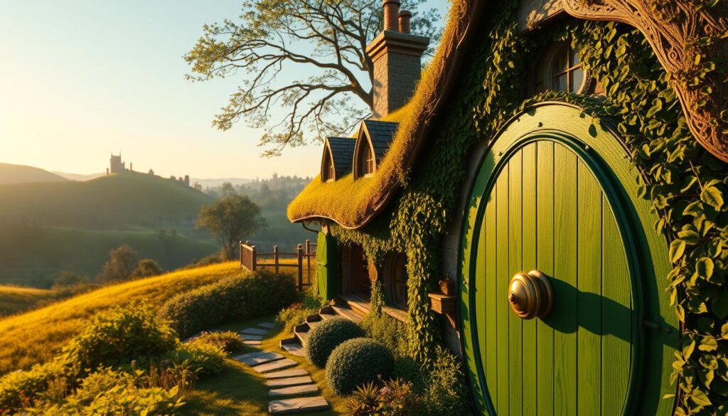 An intricate and whimsical Bag End nestled in the rolling hills of the Shire, illuminated by the warm glow of afternoon sunlight. In the foreground, a detailed depiction of the circular green door, its brass knob shimmering. The middle ground reveals the charming, ivy-covered facade, with ornate windows and chimneys peeking out. In the background, lush vegetation, towering trees, and a glimpse of the tranquil Shire landscape. The scene evokes a sense of cozy enchantment, inviting the viewer to step into the iconic home of the beloved hobbit, Bilbo Baggins. Photorealistic rendering with a focus on intricate textures, soft lighting, and a sense of depth and scale.