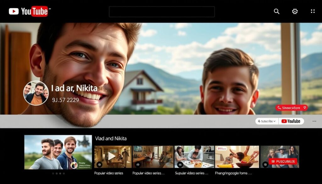Detailed YouTube channel artwork of the Vlad and Nikita family, showcasing their vibrant and engaging online presence. The foreground features a warm, inviting thumbnail-style image of the two brothers, captured in a natural, candid pose with authentic expressions. The middle ground incorporates sleek, modern icons and graphics that highlight the channel's key features, such as popular video series and subscriber count. The background presents a stylized, high-quality landscape depicting the family's home and surroundings, conveying a sense of their lifestyle and environment. Bright, balanced lighting, a crisp, cinematic lens, and a slightly elevated camera angle combine to create a visually striking, professional-grade representation of the Vlad and Nikita YouTube channel. Detailed YouTube channel artwork of the Vlad and Nikita family, showcasing their vibrant and engaging online presence. The foreground features a warm, inviting thumbnail-style image of the two brothers, captured in a natural, candid pose with authentic expressions. The middle ground incorporates sleek, modern icons and graphics that highlight the channel's key features, such as popular video series and subscriber count. The background presents a stylized, high-quality landscape depicting the family's home and surroundings, conveying a sense of their lifestyle and environment. Bright, balanced lighting, a crisp, cinematic lens, and a slightly elevated camera angle combine to create a visually striking, professional-grade representation of the Vlad and Nikita YouTube channel.
