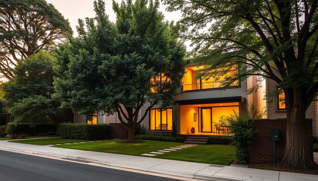 Peja's residential oasis, a cozy urban haven nestled amidst the bustling city streets. A modern, minimalist townhouse with clean lines and large windows, bathed in warm, golden-hour lighting. The front facade features a well-manicured lawn and a neatly paved driveway, hinting at the comforts within. The surrounding neighborhood is lush with towering trees, their verdant canopies providing a natural backdrop. The atmosphere exudes a sense of privacy and tranquility, a peaceful sanctuary for the renowned rapper to call home.