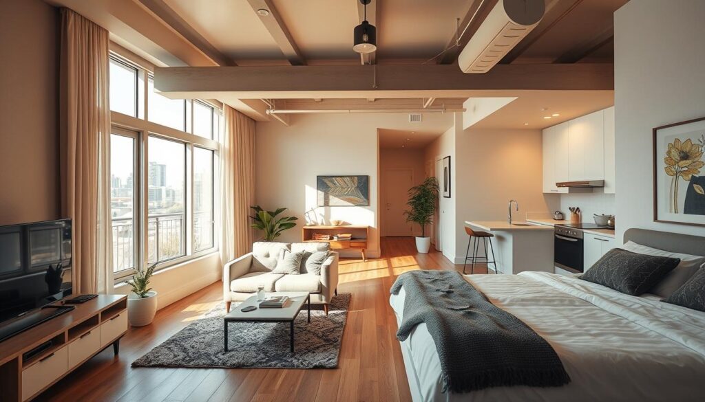 Prompt A cozy, modern apartment nestled in a vibrant urban neighborhood. Warm, natural lighting filters through large windows, illuminating a minimalist yet stylish interior. A spacious living room with plush furniture, tasteful decor, and a sleek entertainment system. The kitchen is pristine, with gleaming appliances and a breakfast bar overlooking a small balcony. The bedroom is a serene oasis, featuring a comfortable bed, a plush rug, and artwork on the walls. The entire space exudes a sense of peace and tranquility, a private sanctuary amidst the bustling city outside.