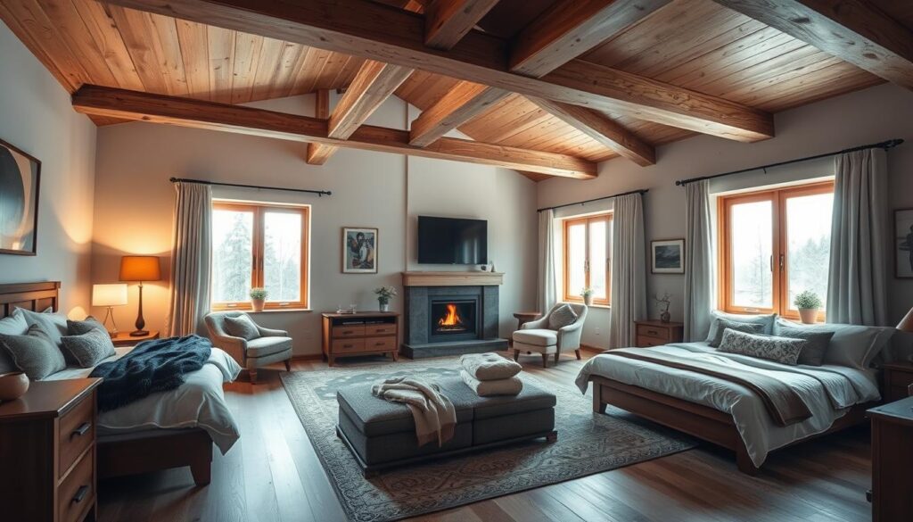 Spacious and cozy bedrooms in the home of Piotr Żyła, a renowned Polish ski jumper. Soft lighting filters through large windows, casting a warm glow on the inviting, tastefully decorated interiors. Plush bedding, wooden furniture, and personal touches create an atmosphere of comfort and relaxation. Wooden beams on the ceilings and natural textures add rustic charm to the modern design. The bedrooms offer ample space, with serene color palettes and well-curated decor that reflect Żyła's personal style. An intimate and tranquil setting, perfectly suited for a successful athlete's private sanctuary. Spacious and cozy bedrooms in the home of Piotr Żyła, a renowned Polish ski jumper. Soft lighting filters through large windows, casting a warm glow on the inviting, tastefully decorated interiors. Plush bedding, wooden furniture, and personal touches create an atmosphere of comfort and relaxation. Wooden beams on the ceilings and natural textures add rustic charm to the modern design. The bedrooms offer ample space, with serene color palettes and well-curated decor that reflect Żyła's personal style. An intimate and tranquil setting, perfectly suited for a successful athlete's private sanctuary.