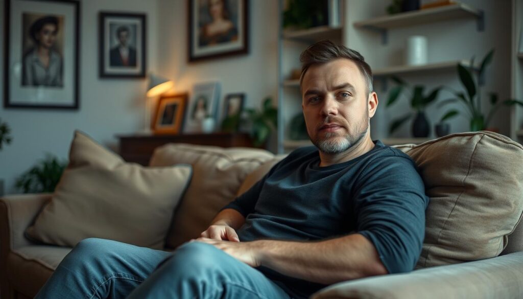 a portrait photograph of Rafał, the main character from the Polish reality TV show "Chłopaki do Wzięcia", in an intimate, relaxed setting reflecting his personal life. The scene shows Rafał lounging comfortably on a plush couch in his living room, wearing casual attire. The lighting is soft and natural, casting a warm, ambient glow. The background features tasteful decor elements like framed artwork, bookshelves, and house plants, suggesting a cozy, personalized living space. Rafał's expression is calm and content, conveying a sense of privacy and introspection. The overall mood is one of quiet domesticity, allowing viewers to glimpse a more private side of the well-known TV personality.