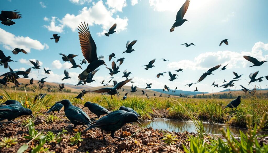 A beautiful and vibrant scene depicting a flock of starlings in a natural habitat, showcasing their ecology and behavior. In the foreground, several starlings are foraging on the ground, their iridescent feathers reflecting sunlight in shades of green, blue, and purple. In the middle ground, a variety of native plants and grasses create a rich tapestry of texture, while a small pond reflects the sky. The background features soft rolling hills under a clear blue sky, with soft sunlight filtering through scattered clouds. The atmosphere is lively and serene, illustrating the dynamic interactions among the starlings as they communicate and move together. The composition should be shot from a low angle, capturing the action and energy of the flock while creating depth in the scene.