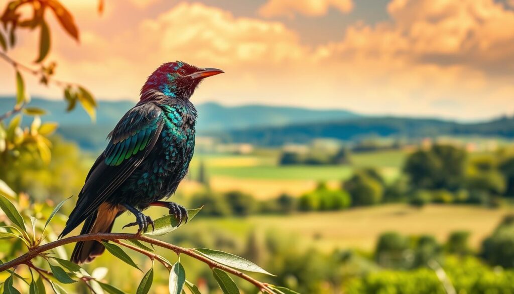 A beautiful scene depicting the habitat and distribution of starlings (szpaki) around the world. In the foreground, a vibrant starling perched on a green branch, showcasing its iridescent feathers glistening under the sunlight. The middle ground features a lush landscape with a mix of open fields and trees, hinting at various environments where starlings thrive. In the background, a soft focus of rolling hills and a clear blue sky with fluffy clouds, symbolizing different habitats across Europe and Asia. The lighting is warm and inviting, capturing a serene atmosphere of nature. The viewpoint is slightly angled from below, giving a dynamic perspective of the starling in its natural environment.