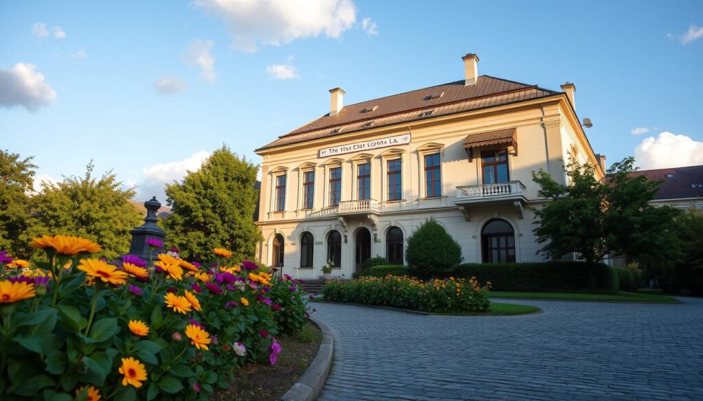 A beautifully depicted exterior view of the historic Dom Chopina in Warsaw, Poland, where the young composer Fryderyk Chopin lived. In the foreground, vibrant flowers and lush greenery line the cobblestone path leading to the elegant, two-story building with classic architectural features such as tall windows and intricate balconies. The middle ground showcases the façade, highlighted by afternoon sunlight casting warm tones, reflecting a nostalgic atmosphere. In the background, a gentle blue sky with fluffy clouds adds tranquility. The scene evokes a sense of creativity and inspiration, with soft shadows enhancing the charm of the setting. The overall mood is peaceful and inviting, perfect for illustrating Chopin's youthful days in this significant location.