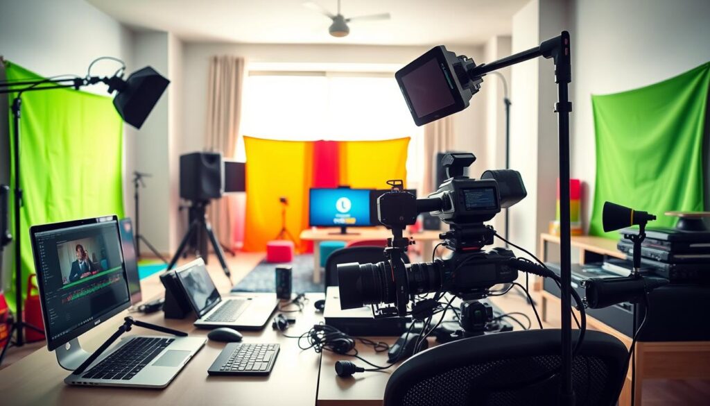 A bright and colorful video production space, with a modern aesthetic that reflects the energetic vibe of a young YouTube star. In the foreground, a well-organized desk is cluttered with high-quality video equipment: cameras, lighting rigs, and a laptop displaying video editing software. In the middle ground, vibrant backdrops like green screens and colorful props add personality to the space. The background features a large window letting in natural light, illuminating the room and creating a warm atmosphere. Soft, diffused lighting enhances the inviting feel, while the angle captures the depth of the workspace, emphasizing an inspiring and creative environment tailored for video content creation.