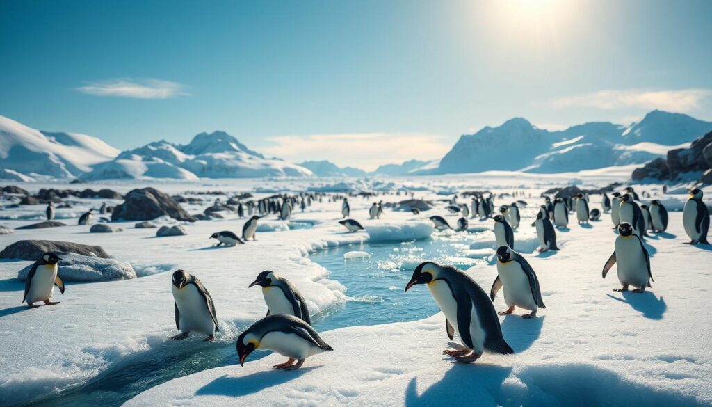 A captivating scene showcasing a world of penguins thriving in their natural habitat. In the foreground, a playful group of Adélie penguins waddles on the shimmering ice, some diving into the clear blue water, while others are elegantly perched, displaying their distinctive black and white plumage. The middle ground features a snow-covered landscape dotted with small rocky outcrops and patches of glistening ice, through which a gentle stream flows. In the background, majestic mountains rise against a bright, cloudless sky, creating a picturesque backdrop. The scene is illuminated with soft, natural lighting suggesting early morning, casting delicate shadows and enhancing the crispness of the ice. The mood is serene and enchanting, inviting viewers into the enchanting realm of penguins.