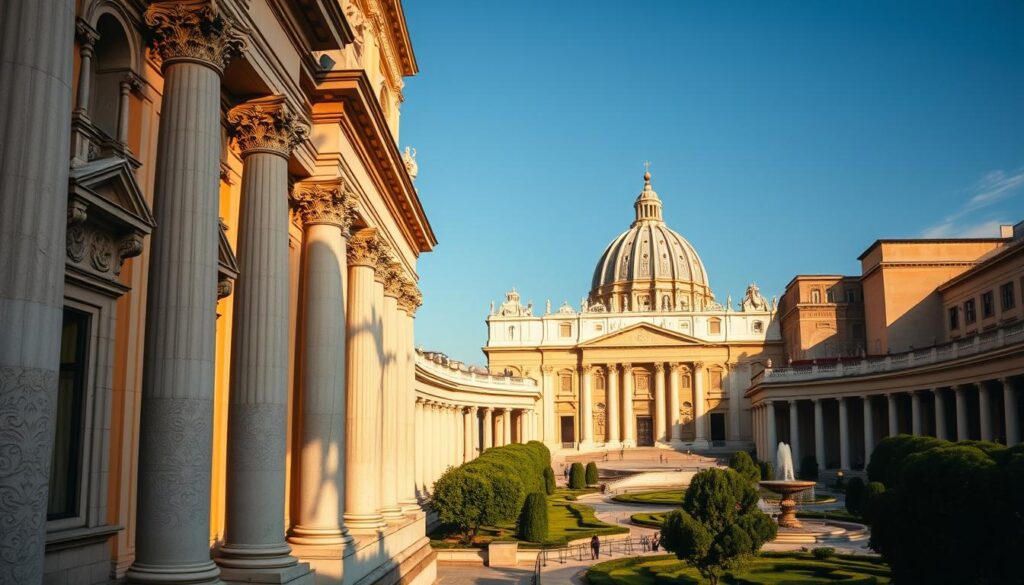A captivating view of the Apostolic Palace, showcasing its grand architecture. In the foreground, the intricately carved stone facade features majestic columns and ornate windows, highlighted by soft, warm lighting that emphasizes the textures. The middle ground captures the expansive courtyards adorned with lush greenery and elegant fountains, inviting a sense of tranquility. In the background, the iconic dome of St. Peter’s Basilica rises prominently against a clear blue sky, enhancing the architectural splendor. The atmosphere is serene, reflecting the importance of the papal residence. Capture this scene from a slightly low angle to emphasize the height and grandeur of the structures, with gentle sunlight casting subtle shadows, creating a balanced and harmonious composition. A captivating view of the Apostolic Palace, showcasing its grand architecture. In the foreground, the intricately carved stone facade features majestic columns and ornate windows, highlighted by soft, warm lighting that emphasizes the textures. The middle ground captures the expansive courtyards adorned with lush greenery and elegant fountains, inviting a sense of tranquility. In the background, the iconic dome of St. Peter’s Basilica rises prominently against a clear blue sky, enhancing the architectural splendor. The atmosphere is serene, reflecting the importance of the papal residence. Capture this scene from a slightly low angle to emphasize the height and grandeur of the structures, with gentle sunlight casting subtle shadows, creating a balanced and harmonious composition.
