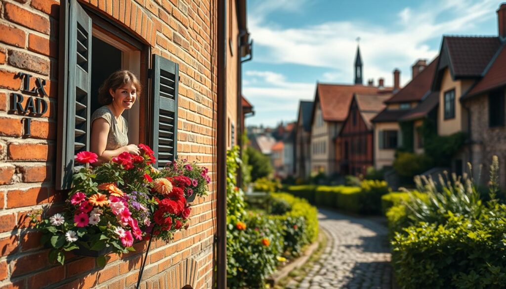 A charming, historical street scene depicting the residence of the "Panienka z Okienka." In the foreground, a quaint brick building with flower boxes overflowing with colorful blooms, sunlight highlighting their vibrant colors. The middle ground features a cobblestone path winding through lush greenery, where a well-dressed woman, wearing modest casual clothing, gazes out from an open window, a gentle smile on her face. In the background, softly blurred, a picturesque skyline of old-style architecture under a clear blue sky, with wispy clouds drifting lazily. The overall mood is nostalgic and serene, with warm, natural lighting casting soft shadows. The scene is captured with a slight upward angle, emphasizing the beauty of the window and the lively street life.