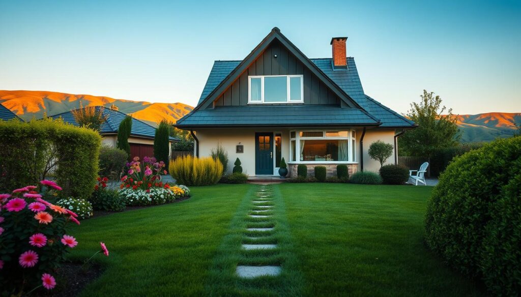 A charming suburban home in Poland, reflecting a blend of traditional and modern architecture, surrounded by a lush garden filled with colorful flowers and green shrubs. In the foreground, there is a well-manicured lawn with a small path leading to the entrance of the house. The middle ground features the inviting façade of the house with large windows and a welcoming front door, creating a warm atmosphere. In the background, gentle hills provide a serene backdrop under a clear blue sky, emphasizing tranquility. The lighting is soft, as if during the golden hour just before sunset, casting a warm glow over the scene. The composition is shot with a slight angle to enhance depth, capturing the essence of a comfortable and picturesque residence.