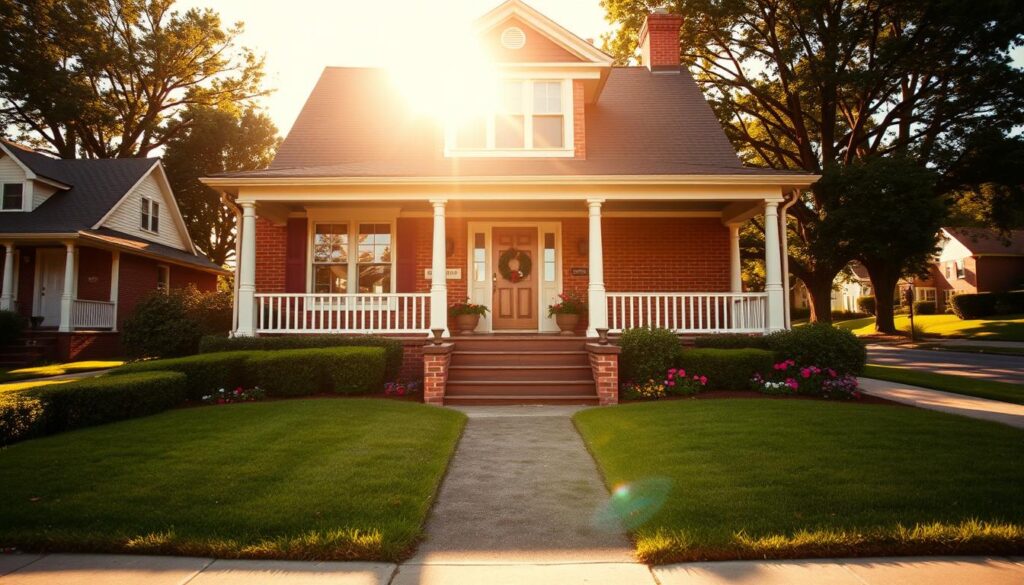 A charming suburban house, reminiscent of the iconic film setting from "Home Alone," is depicted in vivid detail. In the foreground, a well-maintained lawn with neatly trimmed hedges and vibrant flower beds leads up to the inviting front porch, which features classic wooden steps. The house, with its red-brick facade and white trim, stands tall under the soft golden glow of late afternoon sunlight, casting long shadows across the yard. In the middle ground, large windows reflect the warm light, while the door is adorned with a festive wreath. In the background, a tree-lined street enhances the cozy neighborhood feel. The overall atmosphere is warm and nostalgic, inviting viewers to reminisce about the beloved film.