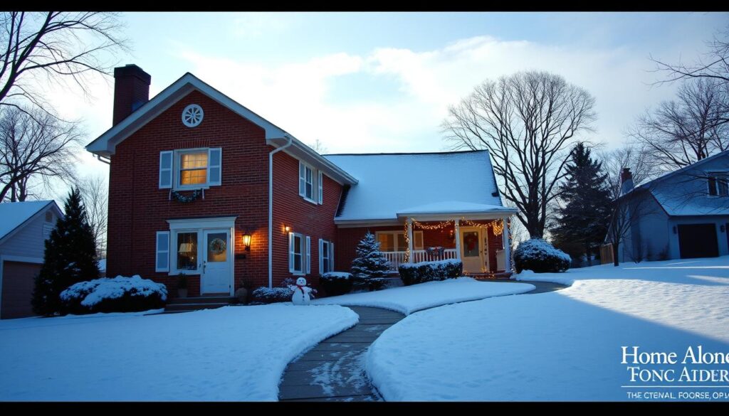 A classic suburban house representing the home from the iconic film "Home Alone," situated in a snowy setting. In the foreground, a beautifully detailed, red-brick two-story house with white shutters and a cheerful door decorated for the holidays. Icicles hang from the eaves, and snow covers the front yard, featuring small snowmen. In the middle ground, a winding path leads to the porch adorned with holiday lights, creating a warm, inviting atmosphere. In the background, a clear winter sky with soft, diffused sunlight casting gentle shadows highlights the house's charming architecture. The overall mood is nostalgic and festive, capturing the essence of a beloved holiday classic, with no people present in the scene.