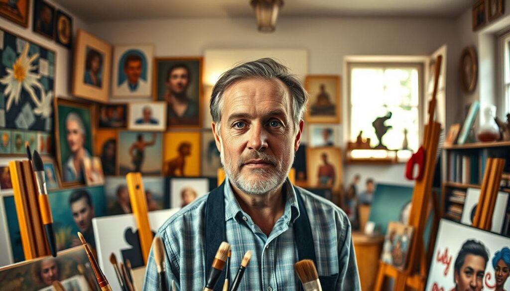 A close-up portrait of Paddy Kelly, showcasing his artistic life. He is in a vibrant studio filled with creative tools, brushes, and canvases in the foreground, reflecting his passion for art. Dressed in smart casual attire, Paddy has a focused expression, as if he's deep in thought about his next project. In the middle ground, various artworks hang on the walls, capturing his unique style and creativity, including abstract pieces and portraits. The background features shelves filled with art books and sculptures, bathed in warm, natural light coming from large windows, creating a cozy and inspiring atmosphere. The overall mood is one of creativity, inspiration, and dedication to the artistic process. Use a soft focus lens to accentuate the warmth of the scene.