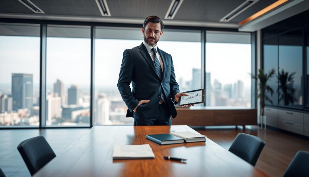 A confident businessman named Tomasz Biernacki stands in a sleek, modern office space, showcasing an air of professionalism. He is dressed in a tailored navy suit with a crisp white shirt and a subtle patterned tie. The foreground features him engaging with a digital tablet, where graphs and business plans are visible. In the middle, a polished wooden desk is adorned with a few business books and a stylish pen. The background displays a panoramic view of a city skyline through large floor-to-ceiling windows, with soft natural light flooding the room, creating a warm and inviting atmosphere. The camera angle is slightly low, emphasizing Tomasz's stature as a successful entrepreneur, evoking feelings of motivation and ambition.