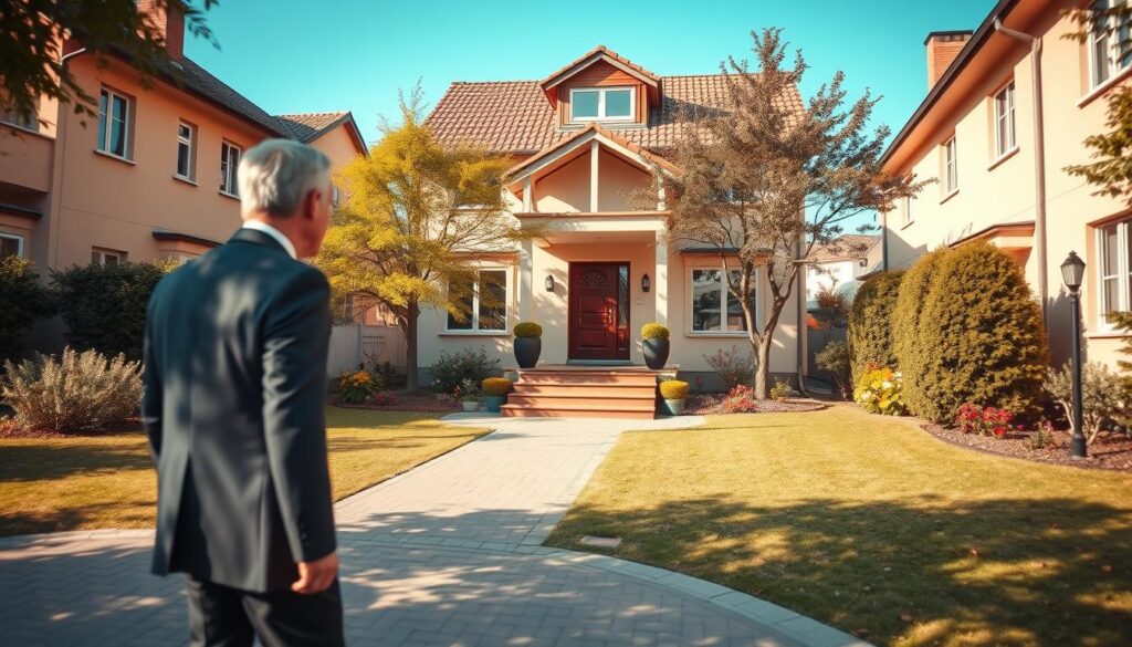 A contemporary urban neighborhood in Poland, featuring a well-maintained house with a small garden. In the foreground, include a professional man in business attire, walking towards the house, symbolizing the figure of a prominent politician. The middle ground showcases the inviting entrance of the house, with details like polished steps and a welcoming door. Surrounding the house, trees and colorful flowers create a friendly atmosphere. In the background, a clear blue sky suggests a sunny day, enhancing the positive mood. The lighting is warm and soft, casting gentle shadows. The scene is framed with a slight wide-angle lens, capturing the essence of a peaceful residential area, evoking a sense of familiarity and approachability.