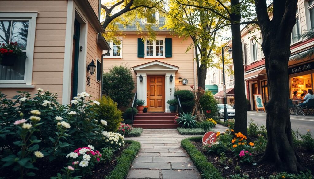 A cozy and inviting home located in a vibrant neighborhood, reflecting the warmth of a musician and politician’s personality. In the foreground, a well-kept garden with blooming flowers and a small pathway leading to a classic wooden door. The middle ground features a two-story house with a charming façade, surrounded by trees and subtle outdoor decorations that suggest creativity and a love for music. In the background, glimpses of a lively street with hints of local cafes and art, bathed in soft morning light for a warm, welcoming atmosphere. The scene is captured from a slightly elevated angle, as if the viewer is slowly approaching the home, creating a sense of intrigue and comfort. The overall mood is inviting and peaceful, inspiring curiosity about the residence of Paweł Kukiz.
