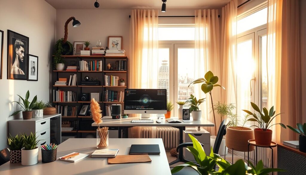 A cozy and modern home office space representing "Multi," the internet creator. In the foreground, a sleek desk with a high-end computer setup, a comfortable chair, and colorful stationery. The middle ground includes shelves filled with books, creative art supplies, and dynamic plants adding a touch of nature. In the background, large windows allow warm, natural light to flood in, illuminating the room with a golden hue. Soft curtains billow slightly in the breeze. The atmosphere conveys creativity and inspiration, with personal elements like framed photos and unique decor items creating a welcoming vibe. The image captures a professional yet inviting ambiance, ideal for showcasing the living space of a digital influencer.