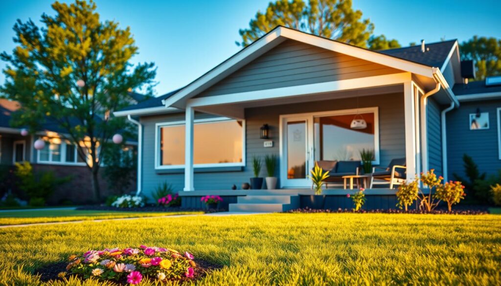 A cozy and modern suburban home set in a quiet neighborhood, reflecting the personality of a popular gaming YouTuber. In the foreground, a well-kept lawn with a small garden filled with colorful flowers. The middle ground features an inviting front porch with comfortable seating, stylish potted plants, and a gaming-themed decoration, such as a controller or headset, subtly placed. In the background, soft-focus trees and a clear blue sky enhance the peaceful atmosphere. The lighting is warm and inviting, suggesting late afternoon sunlight, casting gentle shadows. Capture the scene from a slightly elevated angle to give a sense of depth, while maintaining a welcoming and personal vibe that resonates with gaming culture.