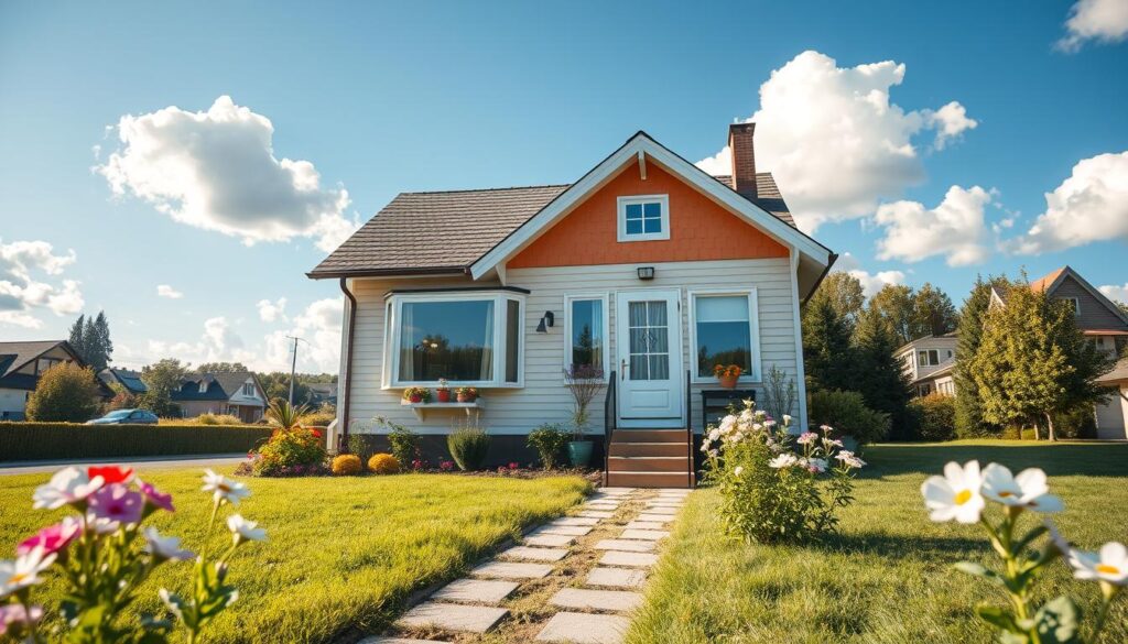 A cozy and vibrant depiction of Kiki Świat's residential area, showcasing a charming, modern home with colorful decorations and lush greenery. In the foreground, a well-kept garden with blooming flowers and a small pathway leading to the entrance. The middle ground features the house, designed with large windows, cheerful siding, and a welcoming porch. Surrounding the house, Display a bright blue sky with fluffy white clouds, suggesting a sunny day. The background includes a peaceful neighborhood scene with trees and distant houses, all bathed in warm sunlight. The atmosphere is lively and inviting, reflecting a comfortable home life. Use a natural lens perspective with soft lighting to enhance the cheerful mood of the image.