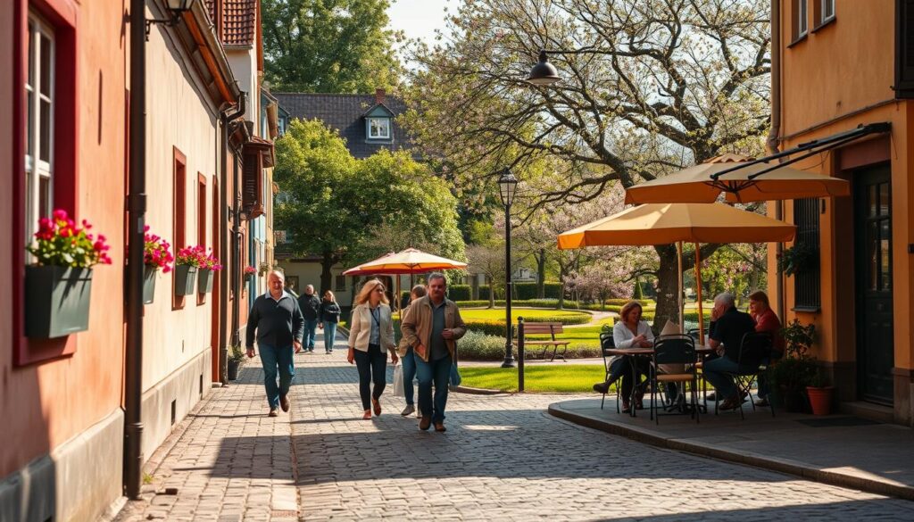 A cozy, artistic neighborhood in a Polish town, reflecting the lifestyle of an enigmatic artist. In the foreground, a narrow cobblestone street lined with colorful, charming houses, adorned with flowering window boxes. A few pedestrians in modest casual clothing stroll by, creating a lively yet serene atmosphere. The middle ground features an open-air café with tables under vibrant umbrellas, where locals engage in conversation. In the background, patches of green parkland and blooming trees create a tranquil setting. The lighting is warm and golden, as if captured during the late afternoon, casting soft shadows. The perspective is slightly angled from a low vantage point, emphasizing the quaint architecture and inviting surroundings, evoking a sense of curiosity and exploration.