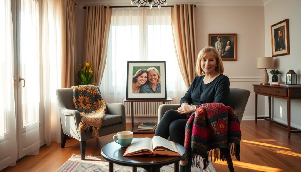A cozy, elegant living room that embodies the personal life of Polish television star Katarzyna Dowbor. In the foreground, a stylish armchair is draped with a colorful, handcrafted throw, next to a small coffee table holding a cup of tea and an open book. The middle ground features a framed photo of Katarzyna in a joyful moment, displaying her love for family and friends. In the background, large windows with light sheer curtains let in soft, warm natural light, casting gentle shadows across the wooden floor. The walls are adorned with tasteful artwork, creating a welcoming atmosphere. The image conveys a sense of warmth, comfort, and a touch of elegance, reflecting the essence of Katarzyna's personal life.