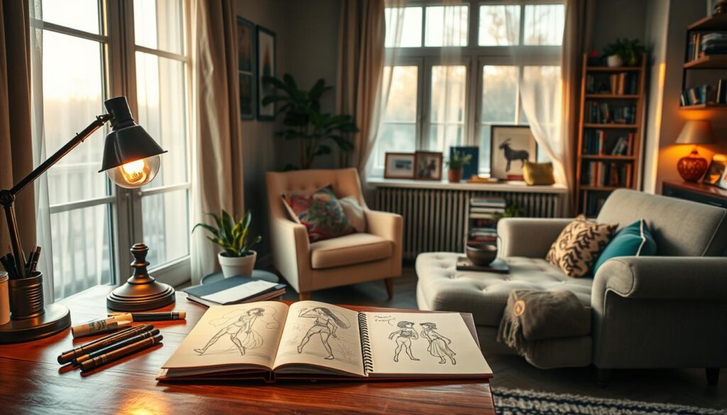 A cozy, elegant living space that reflects the artistic spirit of Alicja Węgorzewska. In the foreground, a stylish wooden desk adorned with art supplies and a vintage lamp casts a warm light over an open sketchbook showcasing delicate illustrations. In the middle, a plush armchair upholstered in soft fabric, with colorful cushions, sits next to a potted plant, adding a touch of life. The background features large windows framed by sheer curtains, allowing natural light to flood in, illuminating the charming decor filled with books and art pieces. The atmosphere is serene and creative, evoking a sense of inspiration and sophistication. A soft golden hour glow enhances the intimate feeling of the room, inviting viewers into an artistic haven.