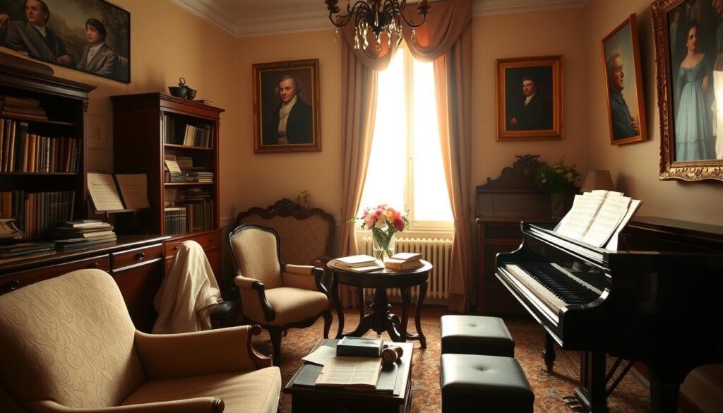 A cozy, elegantly furnished Parisian apartment reminiscent of the 19th century, reflecting the artistic spirit of Fryderyk Chopin. In the foreground, a grand piano sits beside a softly lit window, rich with natural light. The room features vintage furniture, with a plush armchair draped in a light shawl and a small bookshelf filled with classical music scores. In the middle, a wooden table laden with sheet music and a vase of fresh flowers adds warmth. The background reveals softly painted walls adorned with art depicting Chopin’s life. The atmosphere is intimate and reflective, evoking a sense of nostalgia and creativity. The lighting is warm, accentuating the rich textures of the fabrics and walls, captured from a slightly elevated angle to provide depth.