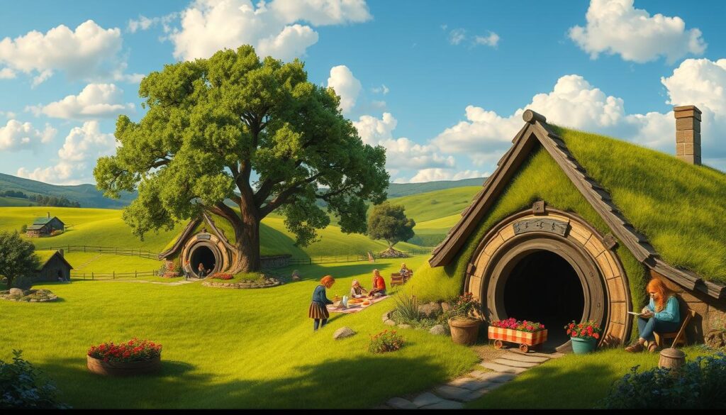 A cozy hobbit village nestled in a vibrant green landscape during a sunny afternoon. In the foreground, a charming hobbit hole with a circular door and flower-filled window boxes invites viewers in. A couple of hobbits in modest attire are bustling about: one is tending to a vegetable garden, while another is preparing a picnic on a checkered blanket under a large oak tree. In the middle ground, other hobbits can be seen enjoying various daily activities—reading, chatting, and playing games. The background is filled with rolling hills and a clear blue sky, dotted with fluffy white clouds. Soft, warm lighting enhances the scene, creating a welcoming and peaceful atmosphere reminiscent of a rural, idyllic lifestyle.